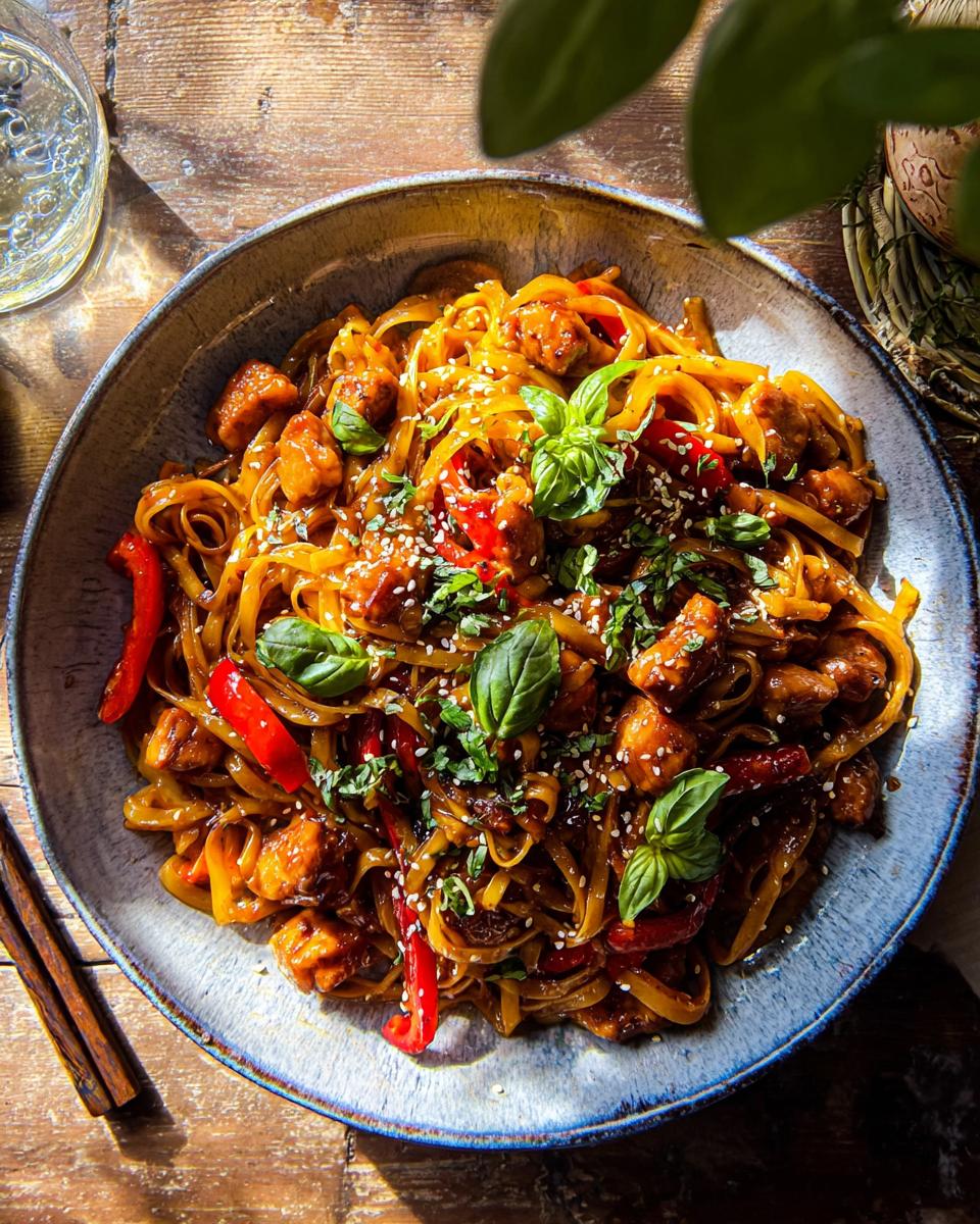 A close-up overhead shot of delicious Sticky Garlic Chicken Noodles in a blue bowl, garnished with basil and sesame seeds.