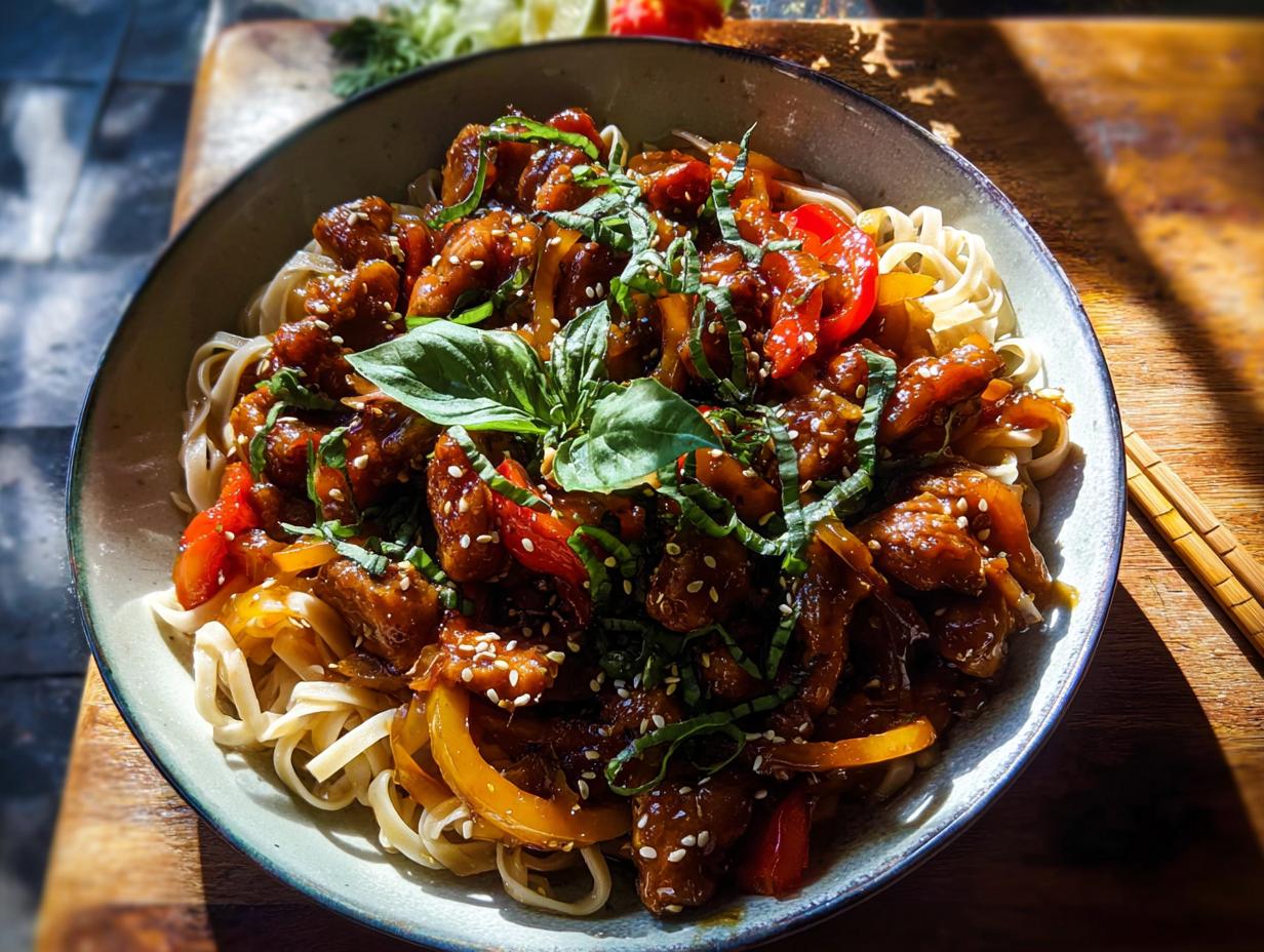A close-up of a bowl of Sticky Garlic Chicken Noodles, featuring tender chicken pieces coated in a glossy sauce, served over noodles with bell peppers and fresh basil.