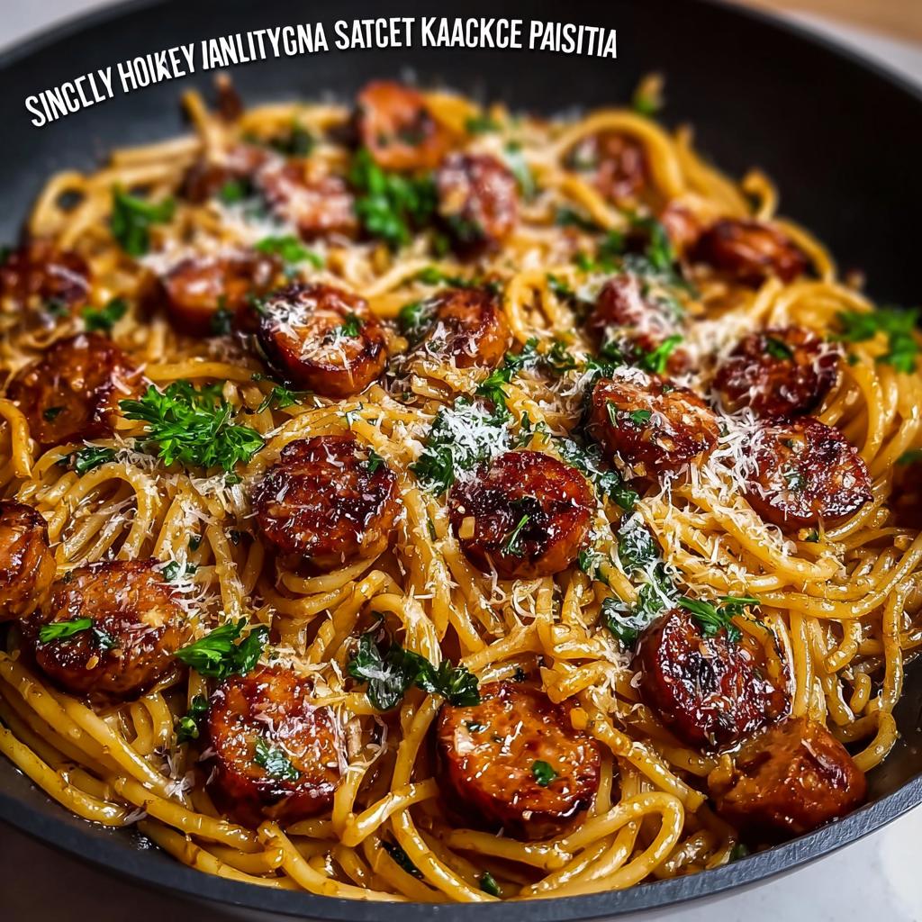 Close-up of a skillet filled with Sticky Honey Garlic Sausage Pasta, garnished with parsley and Parmesan cheese.