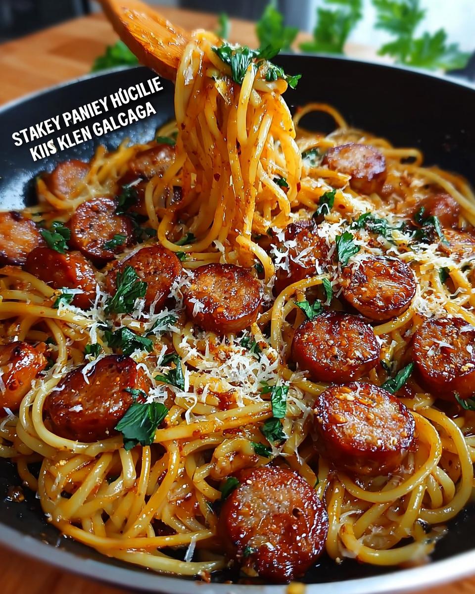 A close-up of a skillet filled with spaghetti, sliced sausage, and garnished with cheese and parsley, featuring a wooden spoon lifting pasta.
