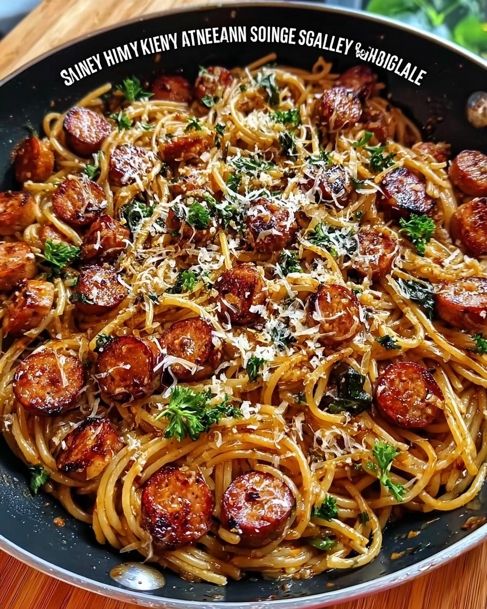 Close-up of a skillet filled with Sticky Honey Garlic Sausage Pasta, topped with parsley and grated cheese.