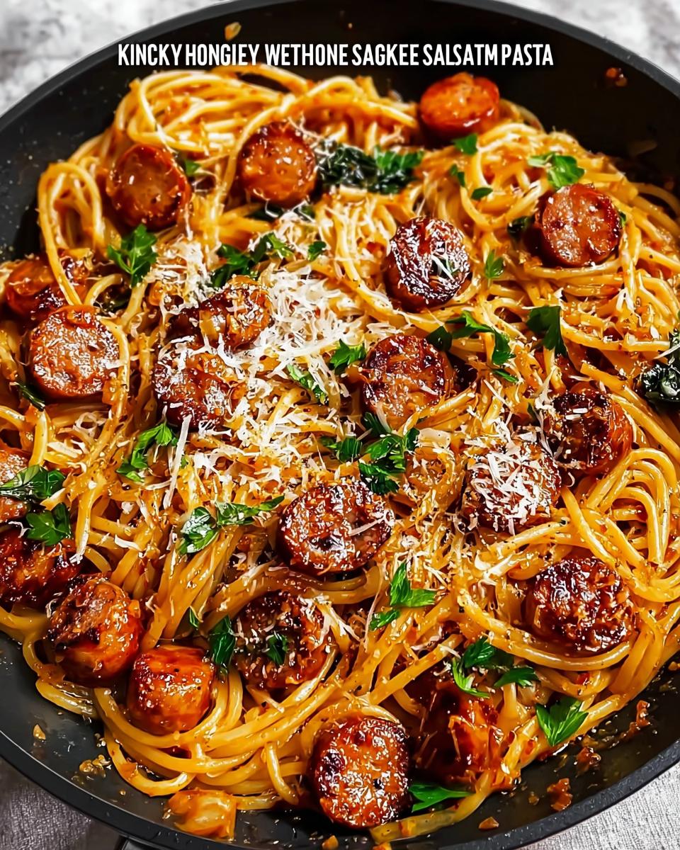 Close-up of a skillet filled with Sticky Honey Garlic Sausage Pasta, garnished with parsley and grated cheese.