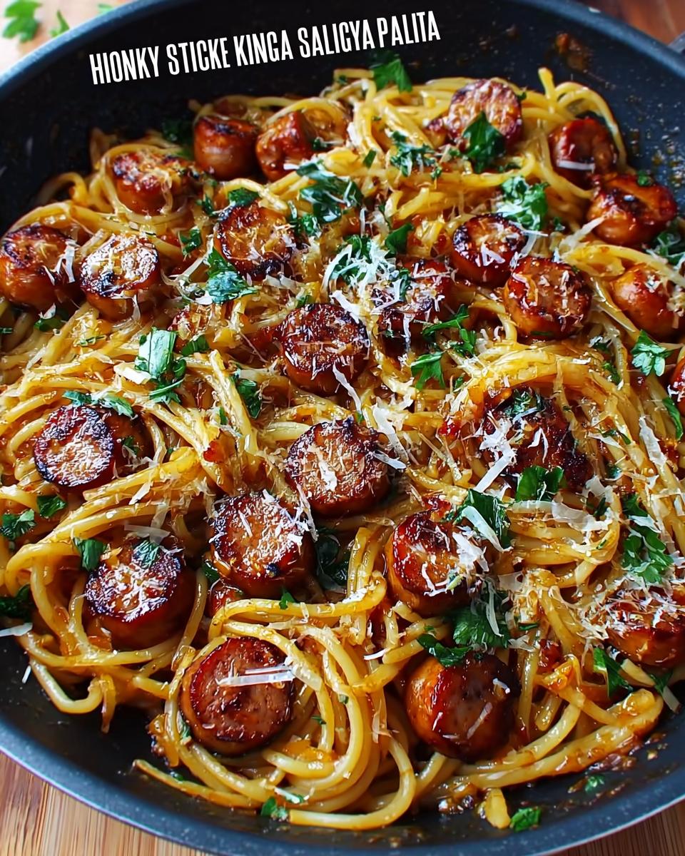 Close-up of a skillet filled with Sticky Honey Garlic Sausage Pasta, topped with grated cheese and parsley.