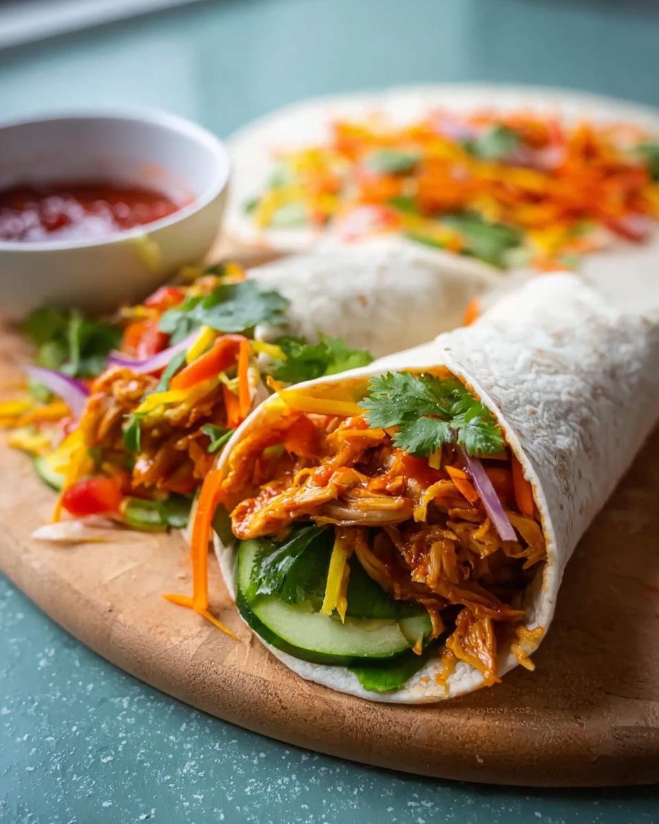 Close-up of two Sweet Chili Chicken Wraps filled with shredded chicken, fresh vegetables, and cilantro, served with a side of salsa.