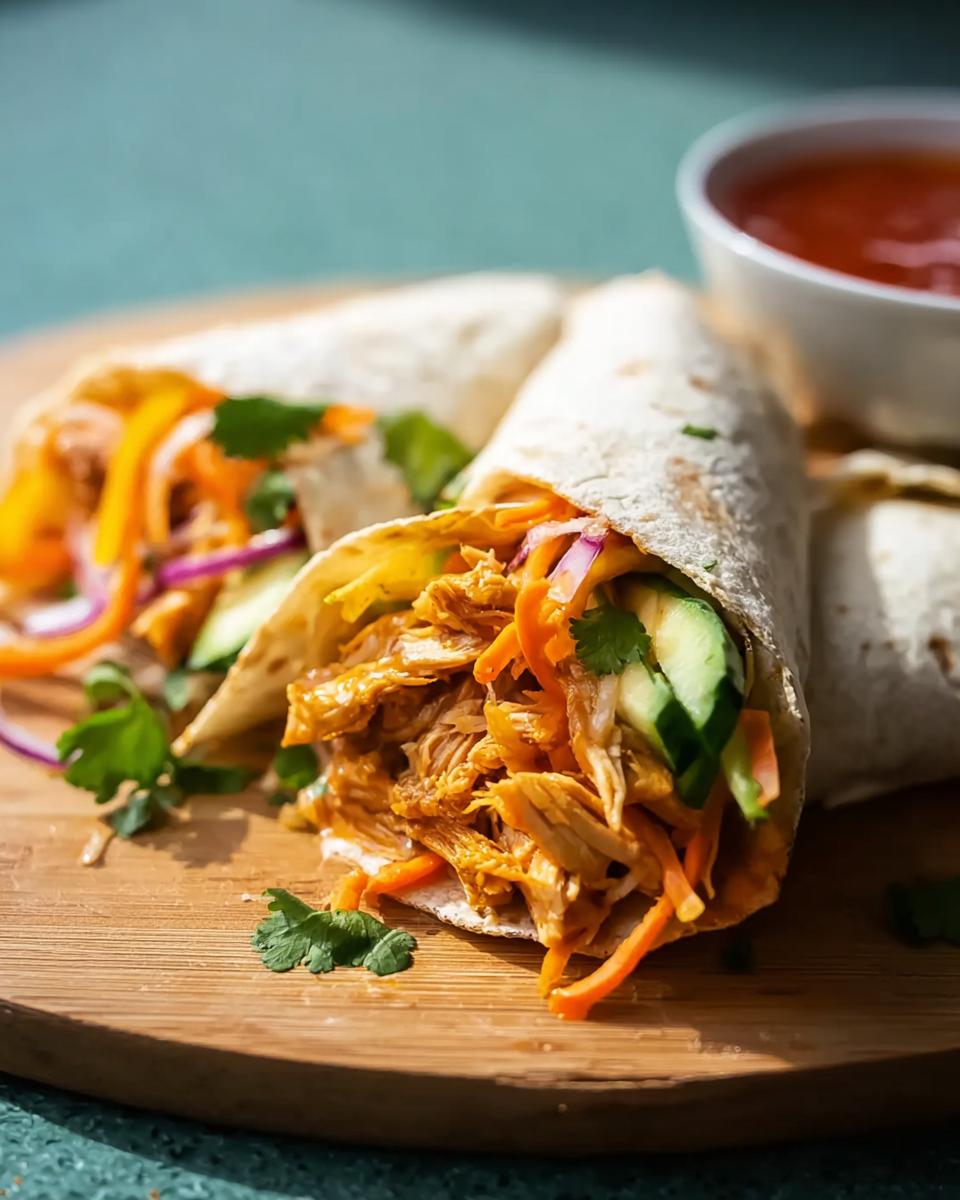 Close-up of two Sweet Chili Chicken Wraps filled with shredded chicken, carrots, cucumber, and red onion, served with a side of sauce.