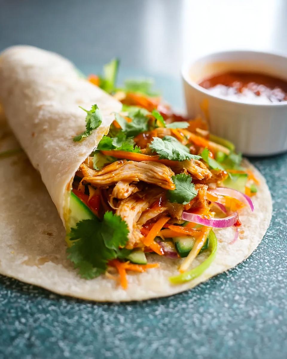 A close-up of a Sweet Chili Chicken Wrap filled with shredded chicken, shredded carrots, cucumber, red onion, and cilantro, served with a side of sweet chili sauce.