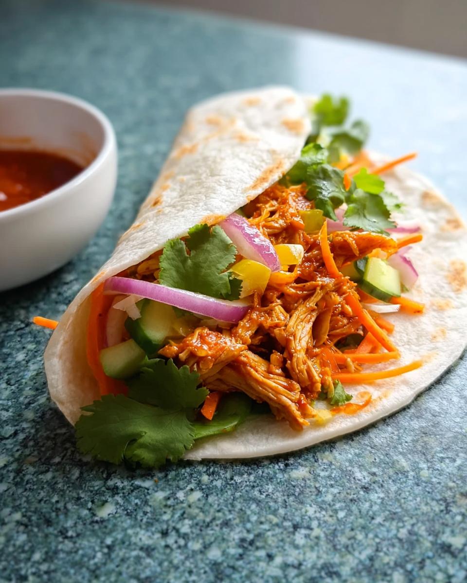 A close-up of a Sweet Chili Chicken Wrap filled with shredded chicken, carrots, cucumber, red onion, and cilantro, with a side of sauce.