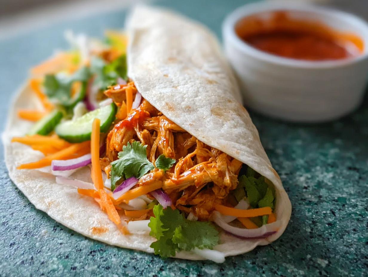 A delicious Sweet Chili Chicken Wrap filled with shredded chicken, carrots, cucumber, red onion, and cilantro.