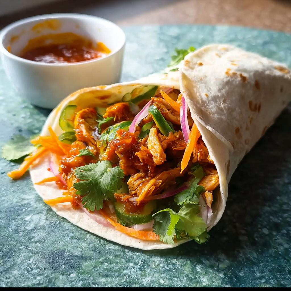 A close-up of a Sweet Chili Chicken Wrap filled with shredded chicken, cucumber, carrots, and red onion, served with a side of sauce.