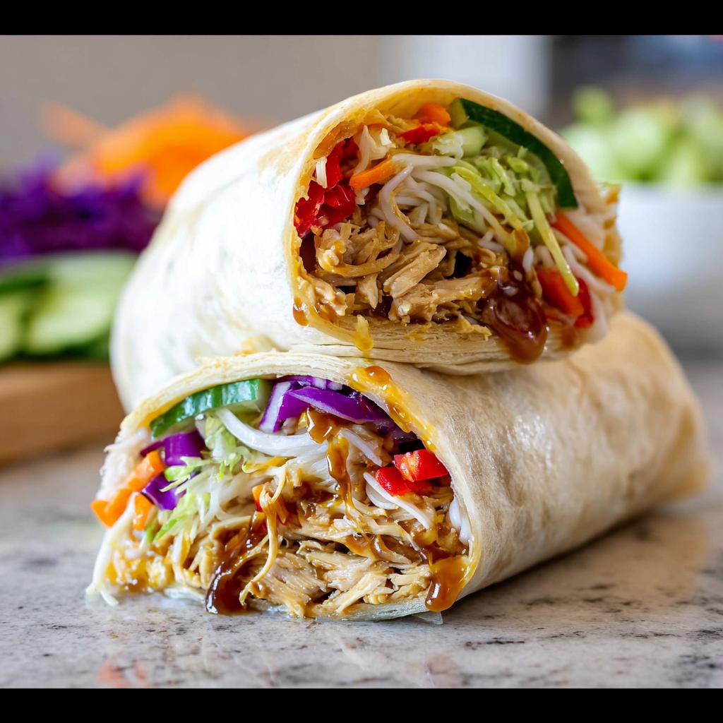 Two halves of a Teriyaki Chicken Wrap filled with shredded chicken, colorful vegetables, and drizzled with teriyaki sauce.