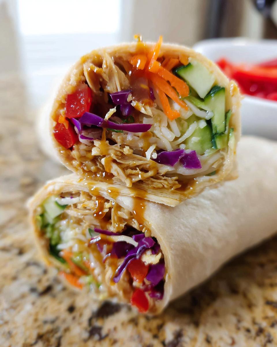 A close-up of a Teriyaki Chicken Wrap Recipe cut in half, showing shredded chicken, rice, and colorful vegetables like carrots, cucumber, and red cabbage.