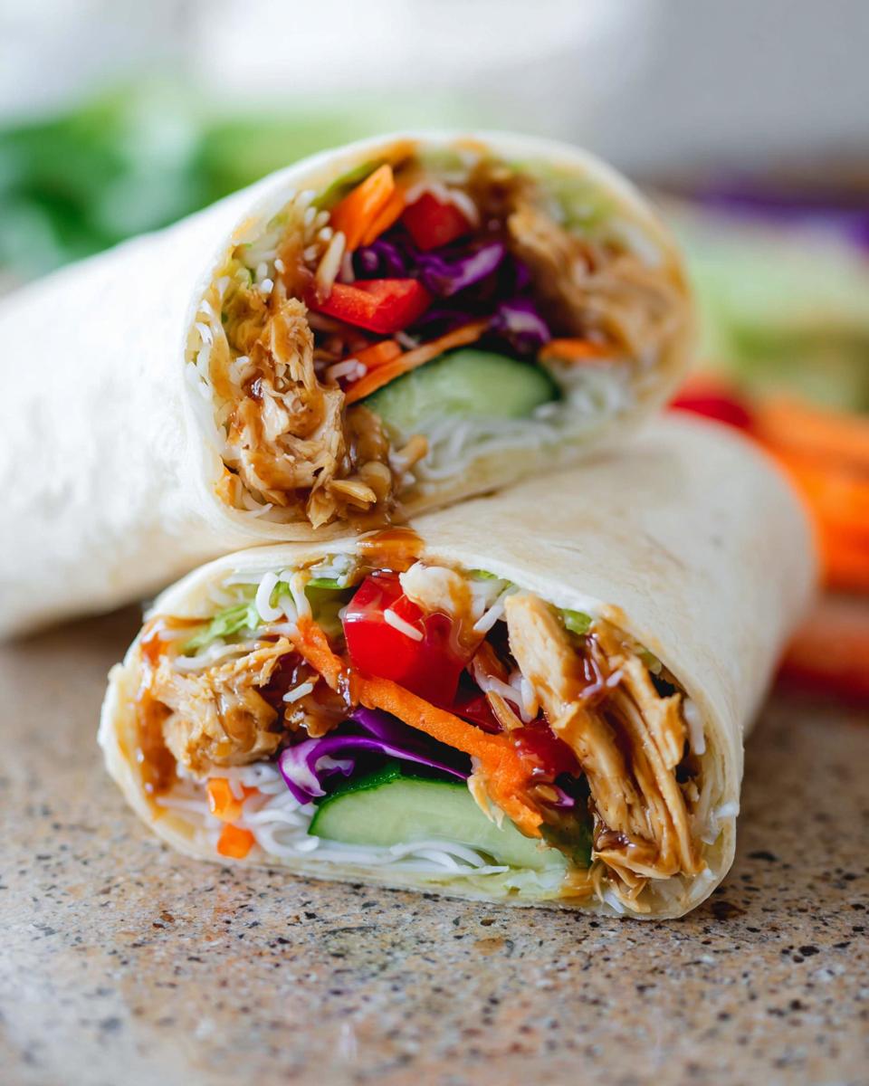 Close-up of a Teriyaki Chicken Wrap recipe, cut in half, showing shredded chicken, rice noodles, cucumber, carrots, red cabbage, and bell peppers.