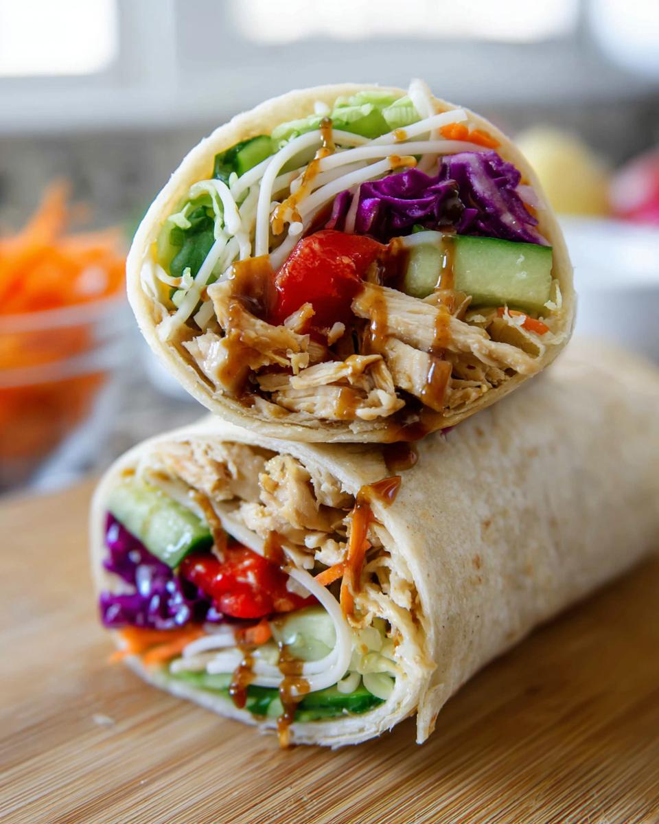 A close-up of a Teriyaki Chicken Wrap Recipe, showing shredded chicken, fresh vegetables, and a drizzle of teriyaki sauce.