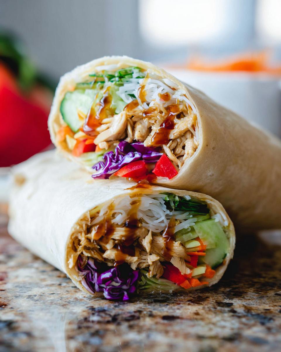 A halved Teriyaki Chicken Wrap filled with shredded chicken, noodles, cucumber, red cabbage, and bell peppers, drizzled with teriyaki sauce.