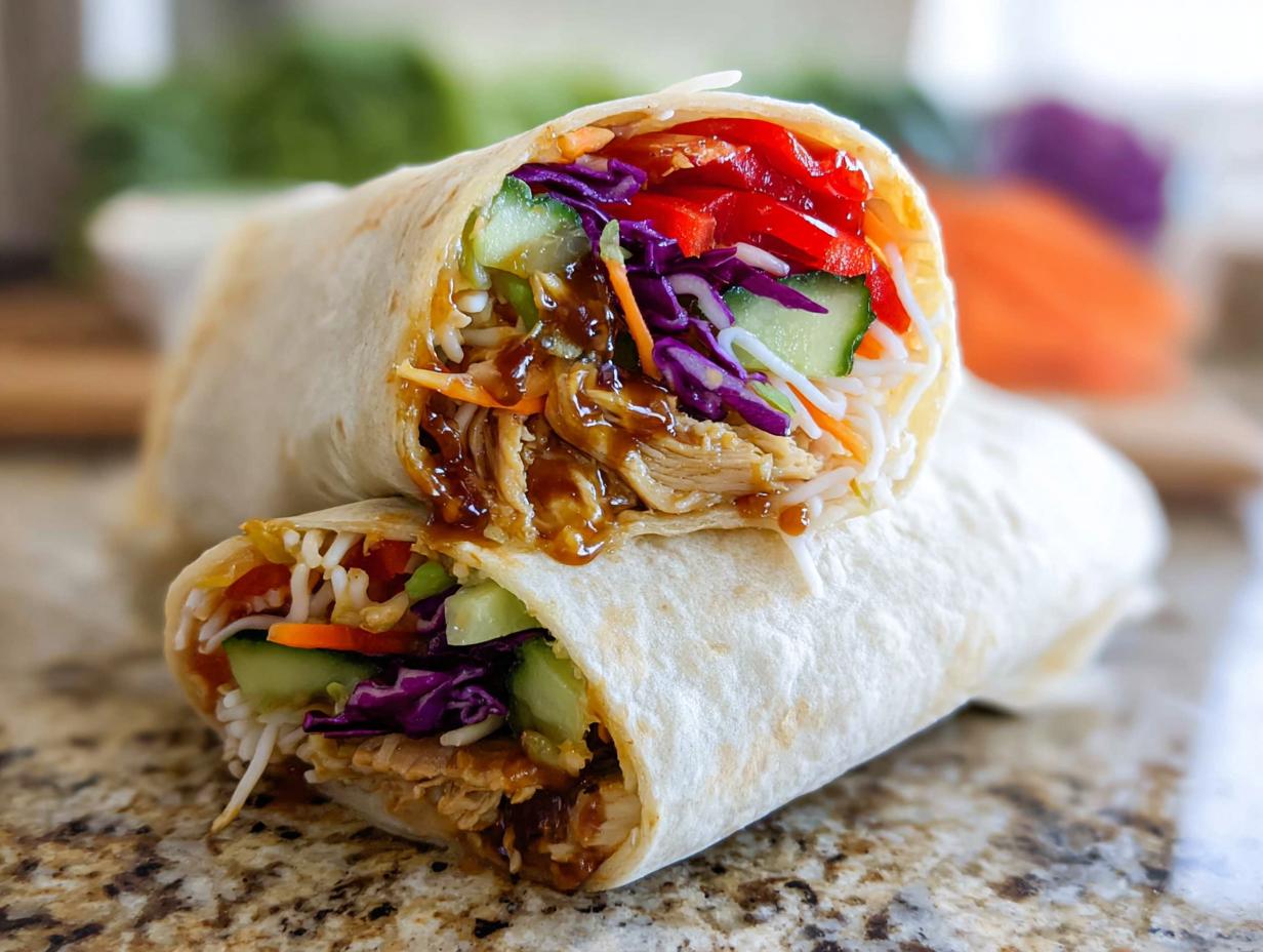 A close-up of a Teriyaki Chicken Wrap, sliced in half to reveal shredded chicken, rice noodles, cucumber, red cabbage, and red bell peppers.
