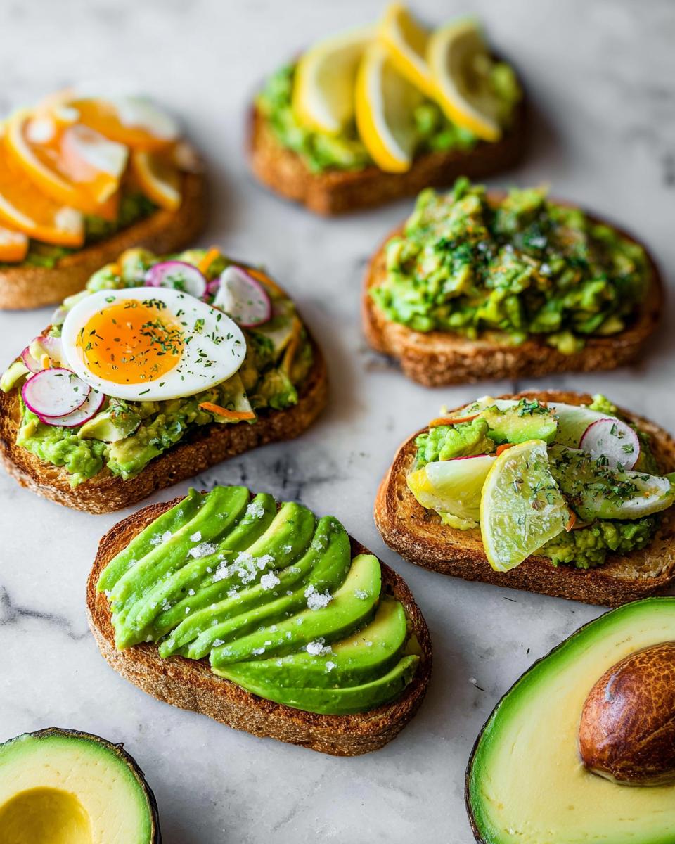 A variety of avocado toast toppings including sliced avocado, egg, radish, and lemon on toasted bread.