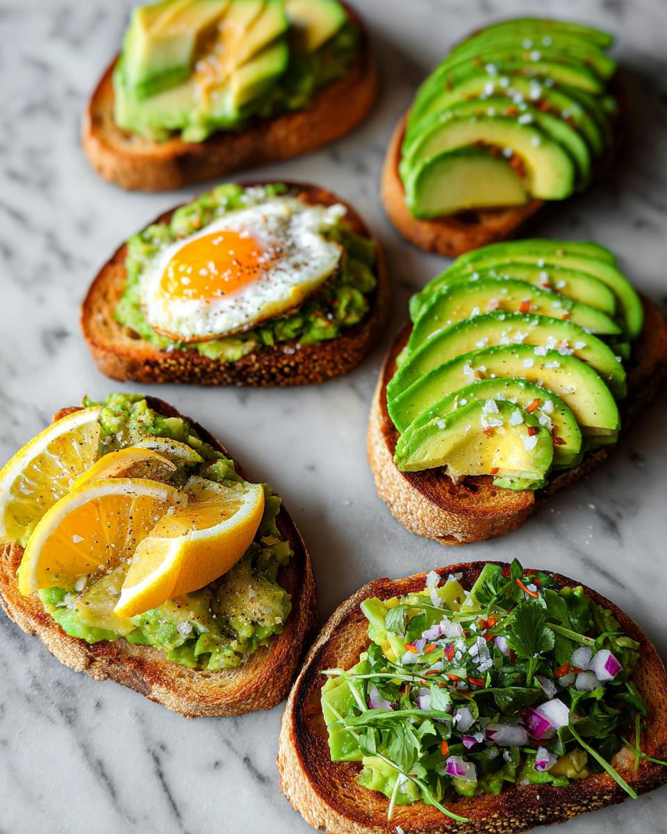 A selection of delicious avocado toast variations, including one with a fried egg and others with lemon and fresh greens.