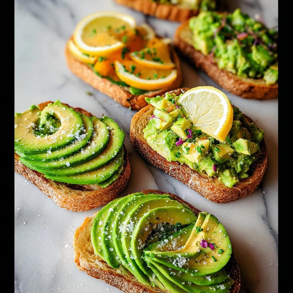 Close-up of various avocado toast toppings on toasted bread, including sliced avocado with sea salt and mashed avocado with lemon.