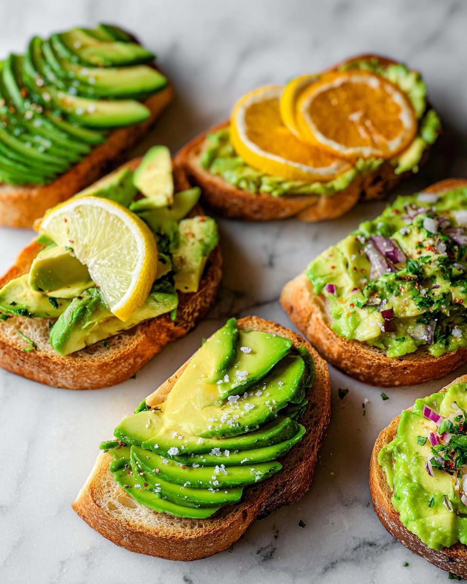 A variety of avocado toast preparations on toasted bread, topped with sliced avocado, lemon, orange, and red onion.