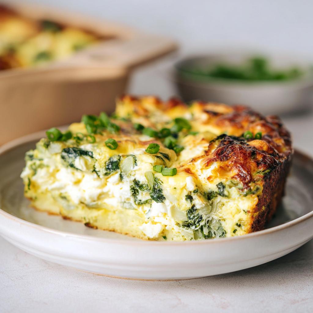 A slice of baked cottage cheese eggs with spinach and green onions on a plate.
