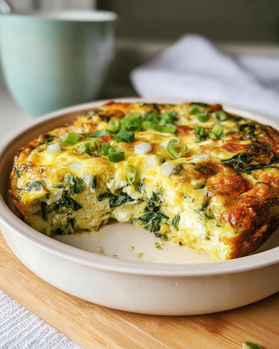 A slice of baked cottage cheese eggs with spinach and scallions, a protein-rich breakfast.