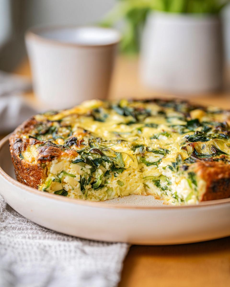 A slice of Baked Cottage Cheese Eggs with spinach, showcasing a fluffy, cheesy interior with vibrant green spinach.