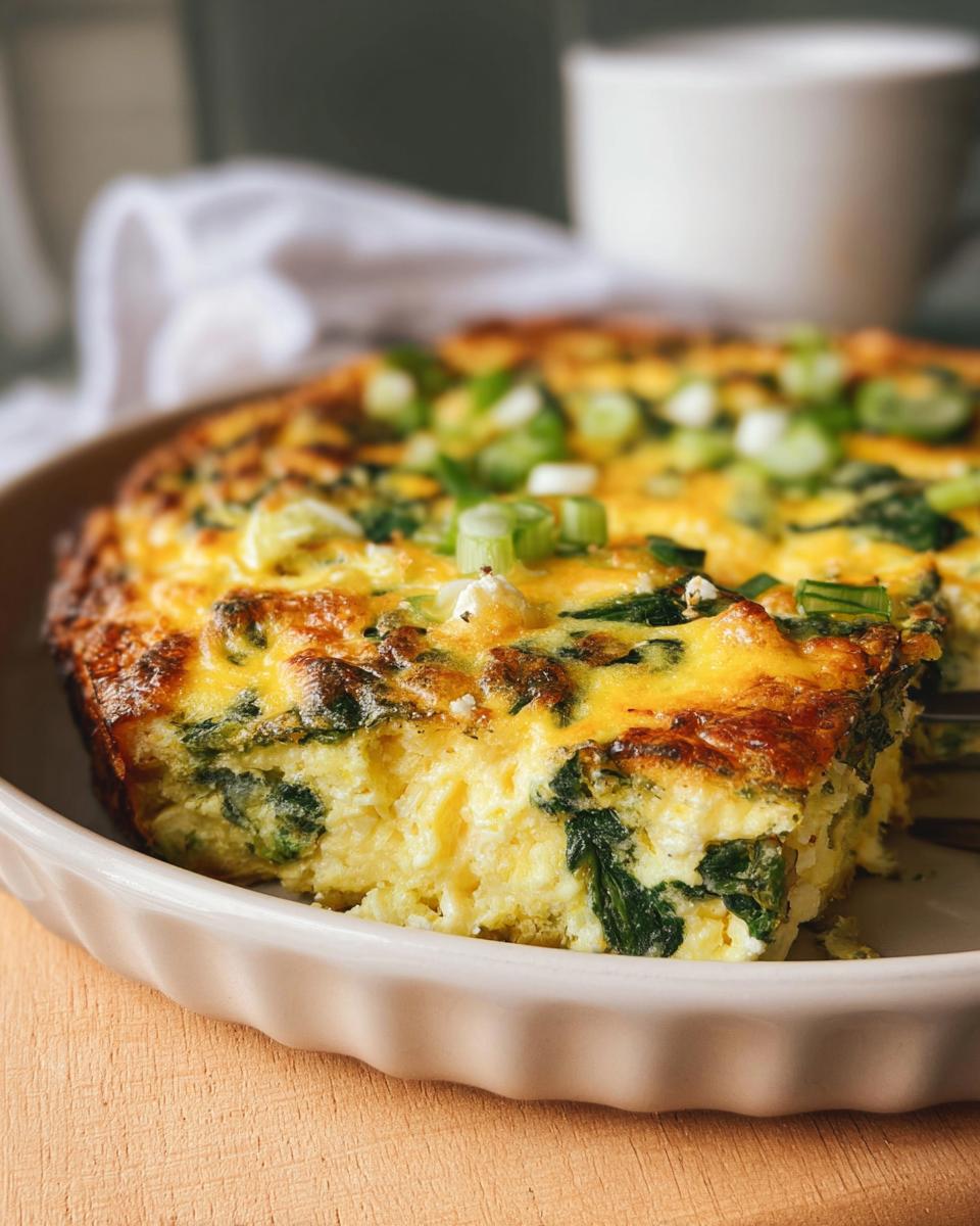A slice of baked cottage cheese eggs with spinach and green onions, a perfect protein-rich breakfast.