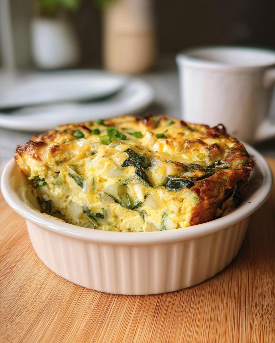 A slice of baked cottage cheese eggs with spinach and scallions in a ramekin, perfect for a protein boost breakfast.