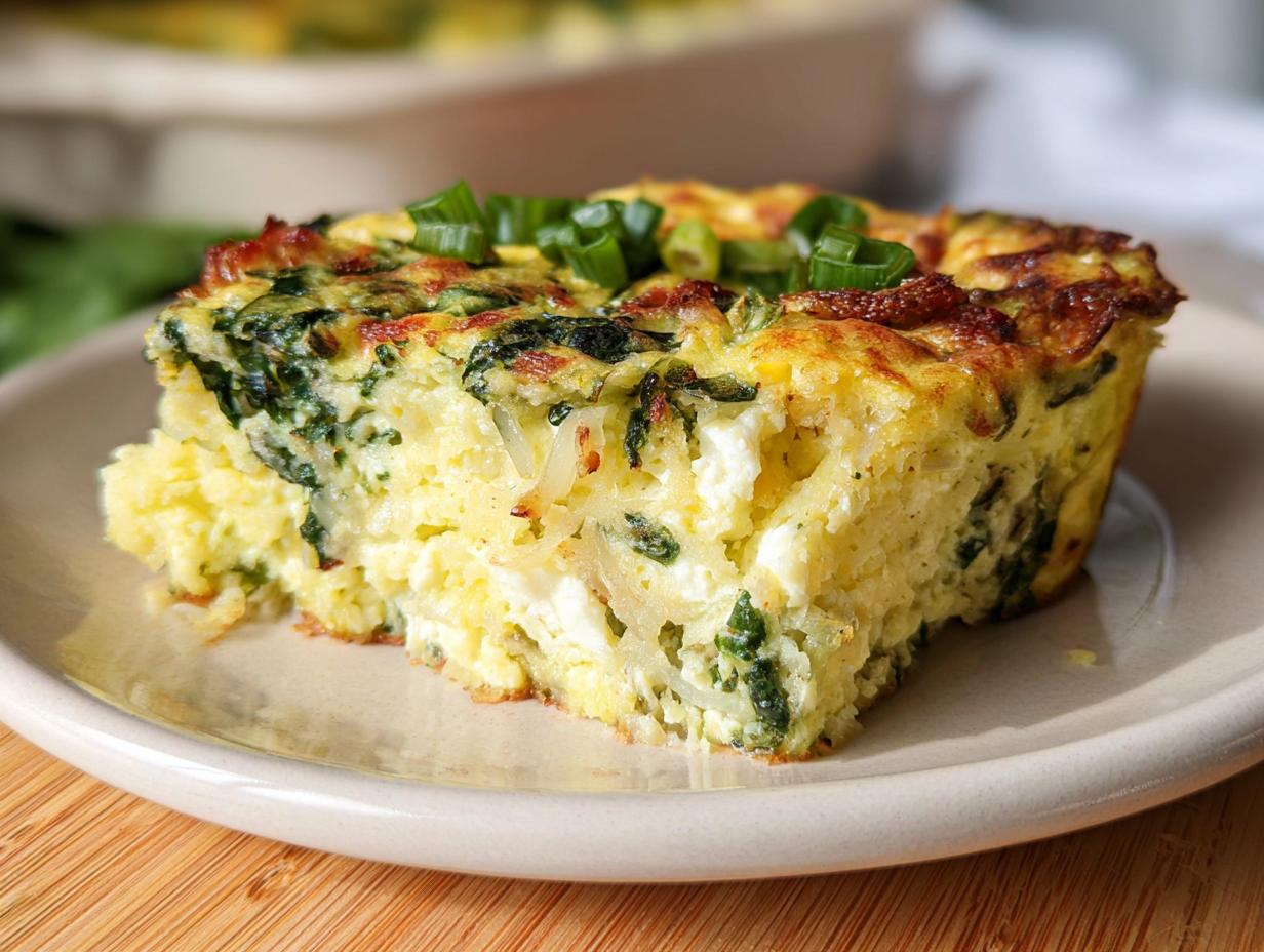 A slice of baked cottage cheese eggs with spinach and feta cheese, topped with green onions.