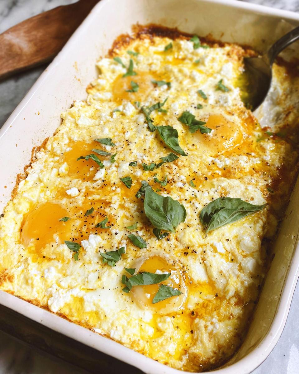 Close-up of golden-yolked baked feta eggs topped with fresh basil and black pepper.