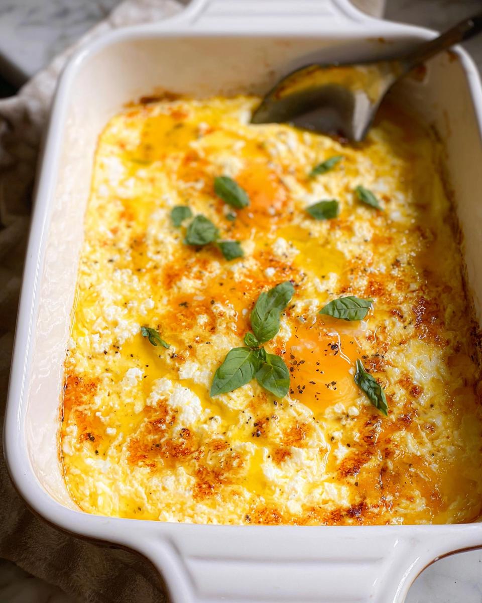 A close-up of baked feta eggs in a white baking dish, topped with fresh basil leaves and sprinkled with paprika.
