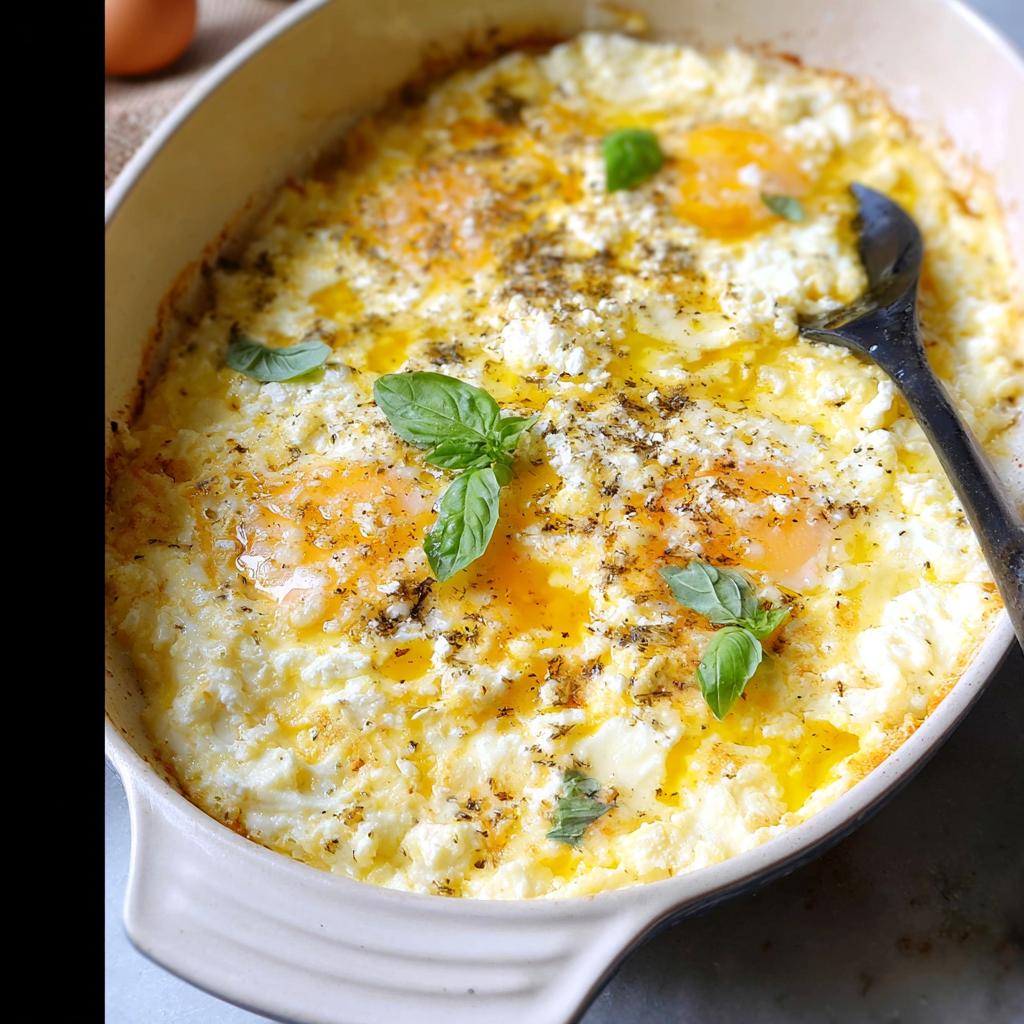 A close-up of freshly baked feta eggs in a casserole dish, garnished with basil leaves and drizzled with olive oil.