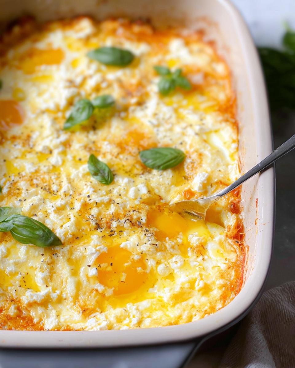 Close-up of baked feta eggs in a dish, with runny yolks and fresh basil leaves.