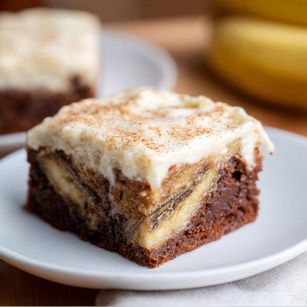 A slice of Banana Bread Brownies Made Easy, topped with creamy frosting and a sprinkle of cinnamon.