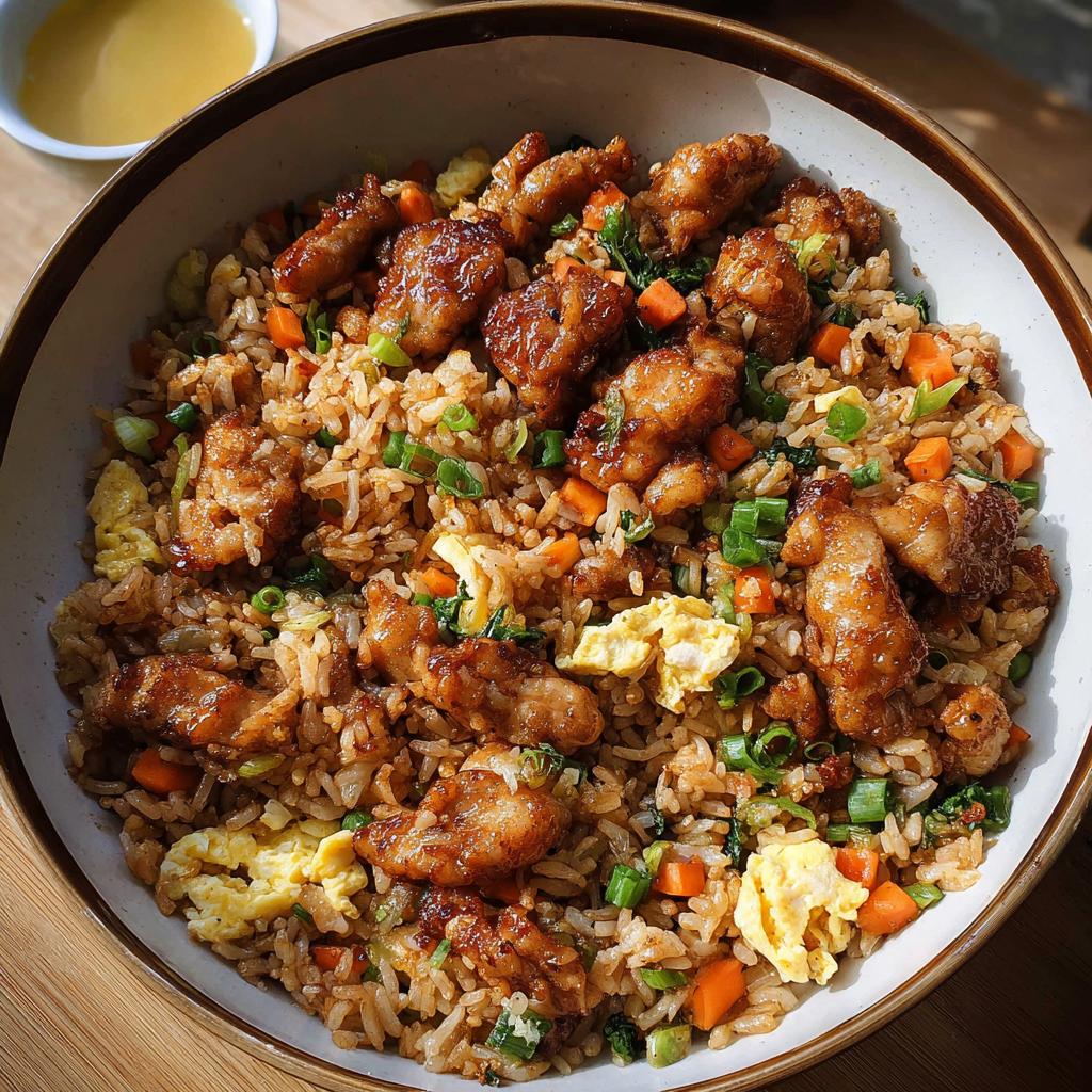 A close-up of a bowl of Bang Bang Fried Rice topped with crispy chicken pieces, scrambled eggs, and chopped green onions.