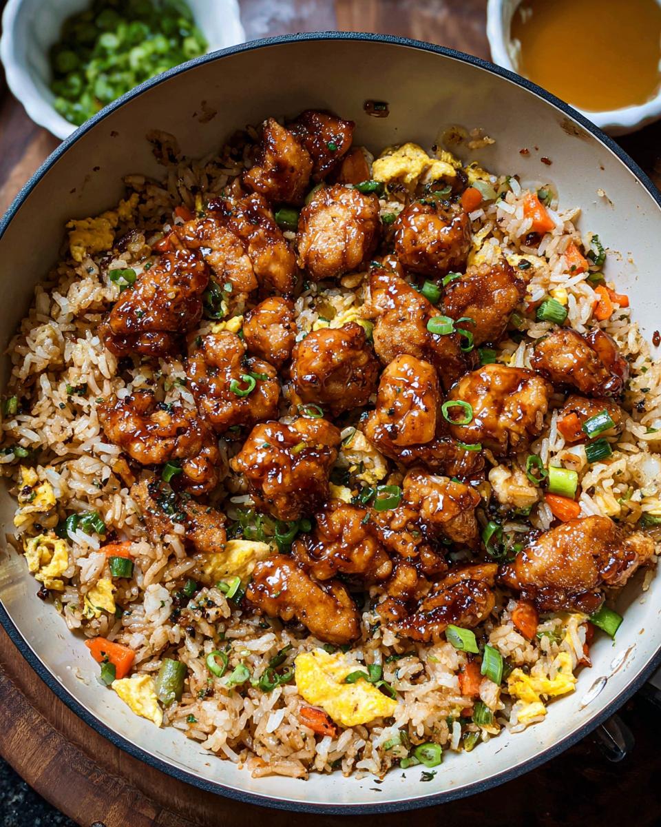 A close-up overhead view of a pan filled with Bang Bang Fried Rice topped with crispy, glazed chicken pieces and green onions.