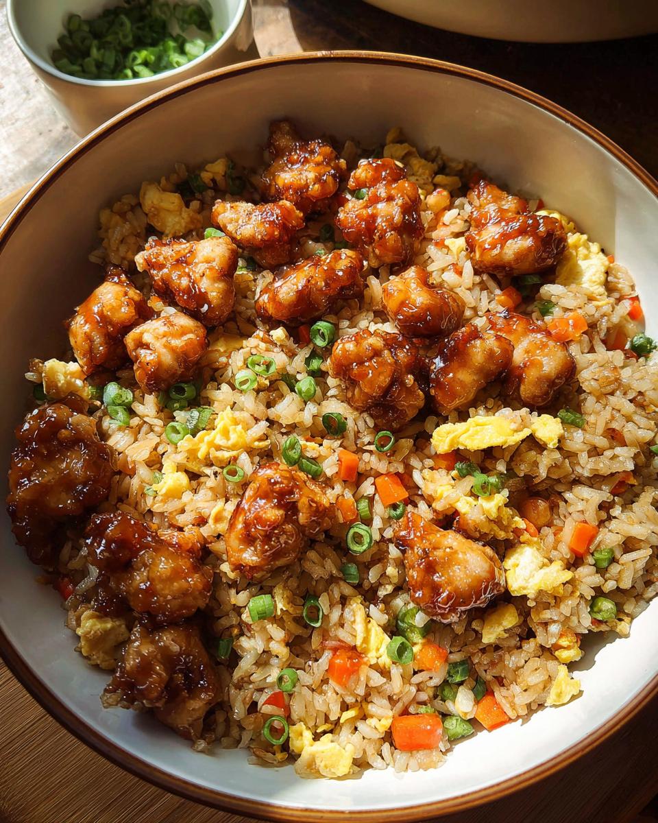 A bowl of flavorful Bang Bang Fried Rice topped with crispy, glazed chicken pieces and green onions.