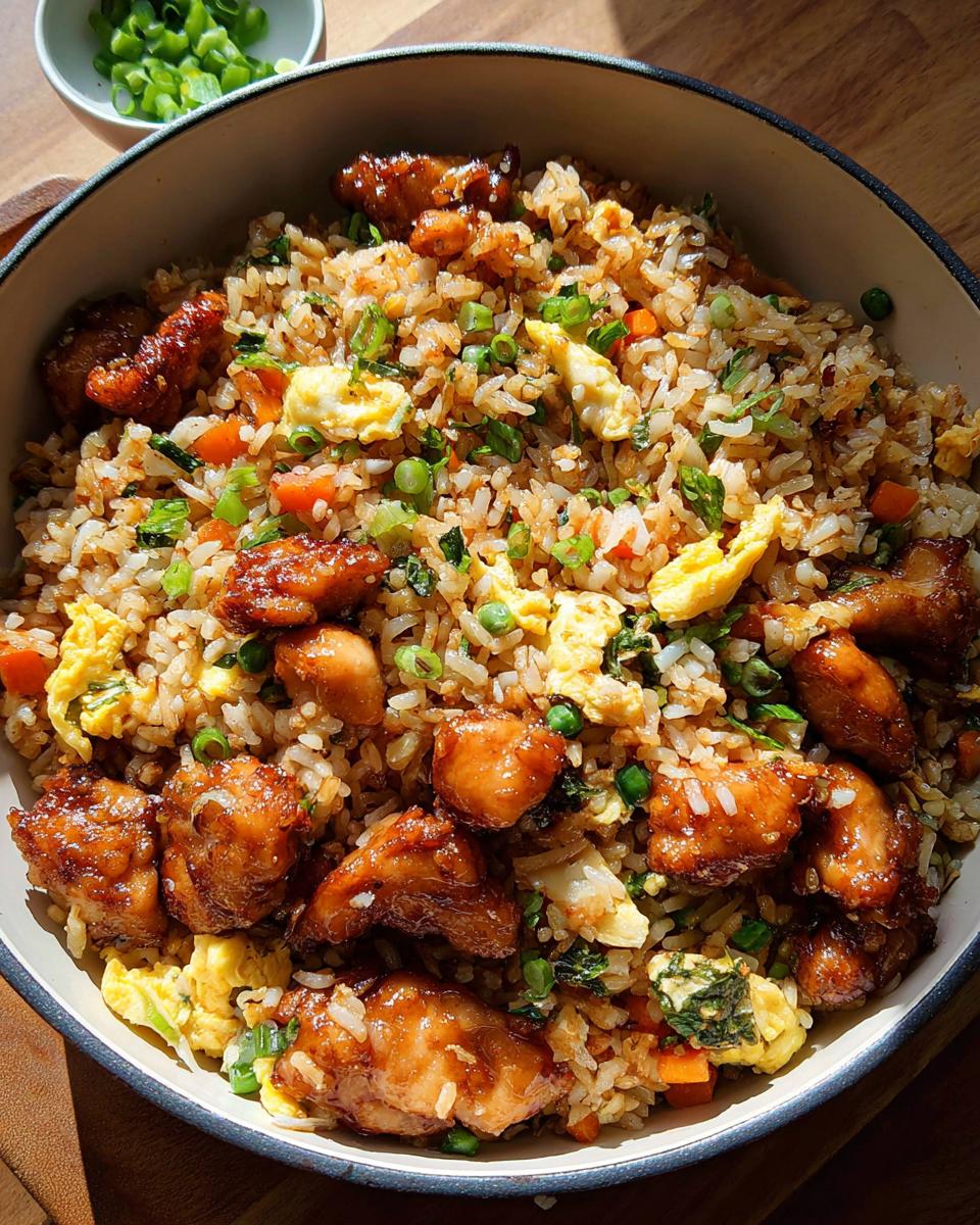 A close-up of a bowl of Bang Bang Fried Rice, featuring tender chicken pieces, scrambled eggs, peas, and carrots.