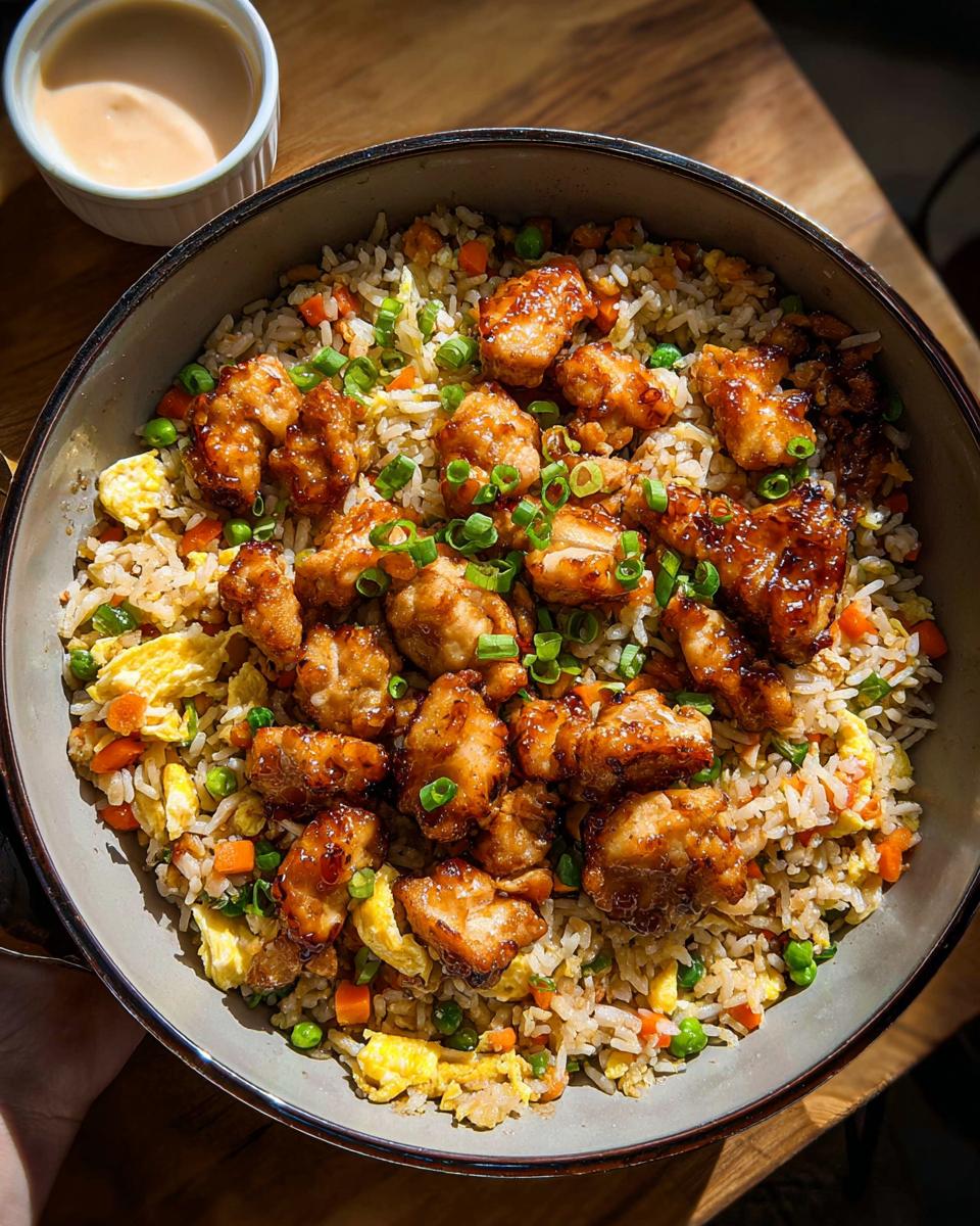 A bowl of Bang Bang Fried Rice topped with crispy, glazed chicken pieces and garnished with green onions.
