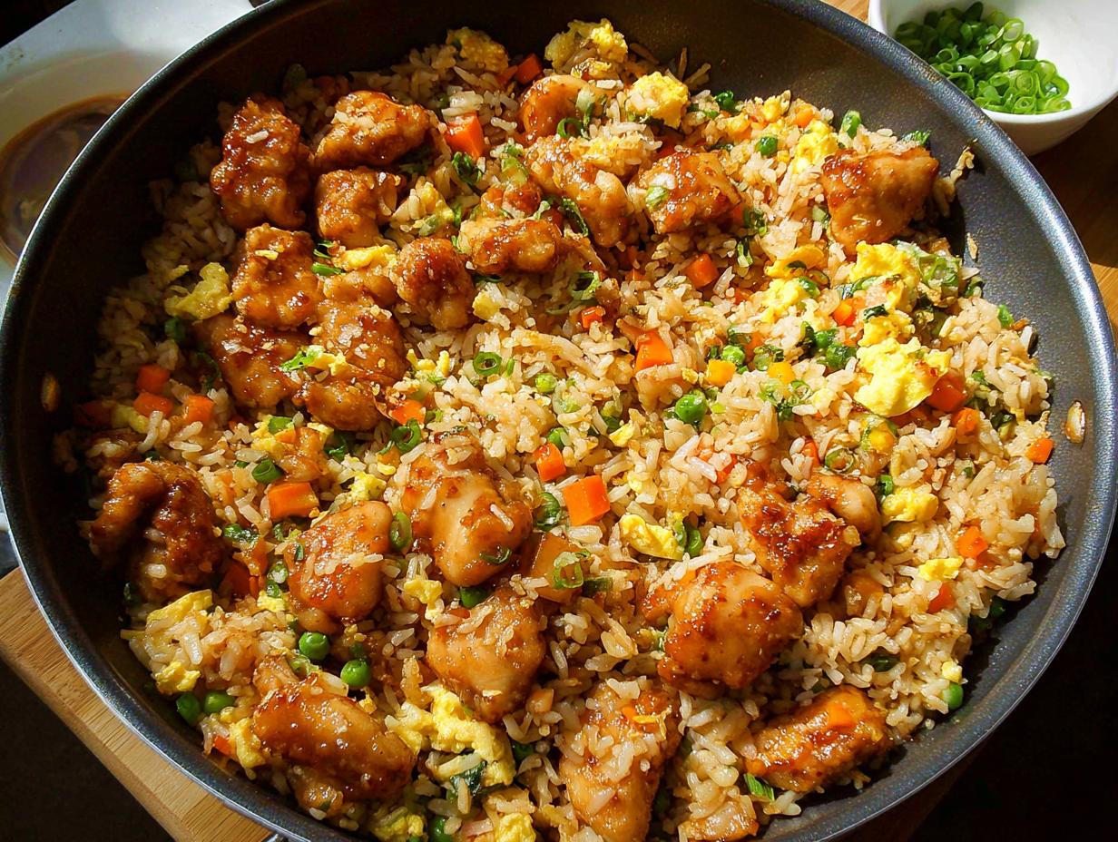 A close-up overhead view of a pan filled with Bang Bang Fried Rice, featuring tender chicken pieces, fluffy rice, peas, carrots, and scrambled eggs.