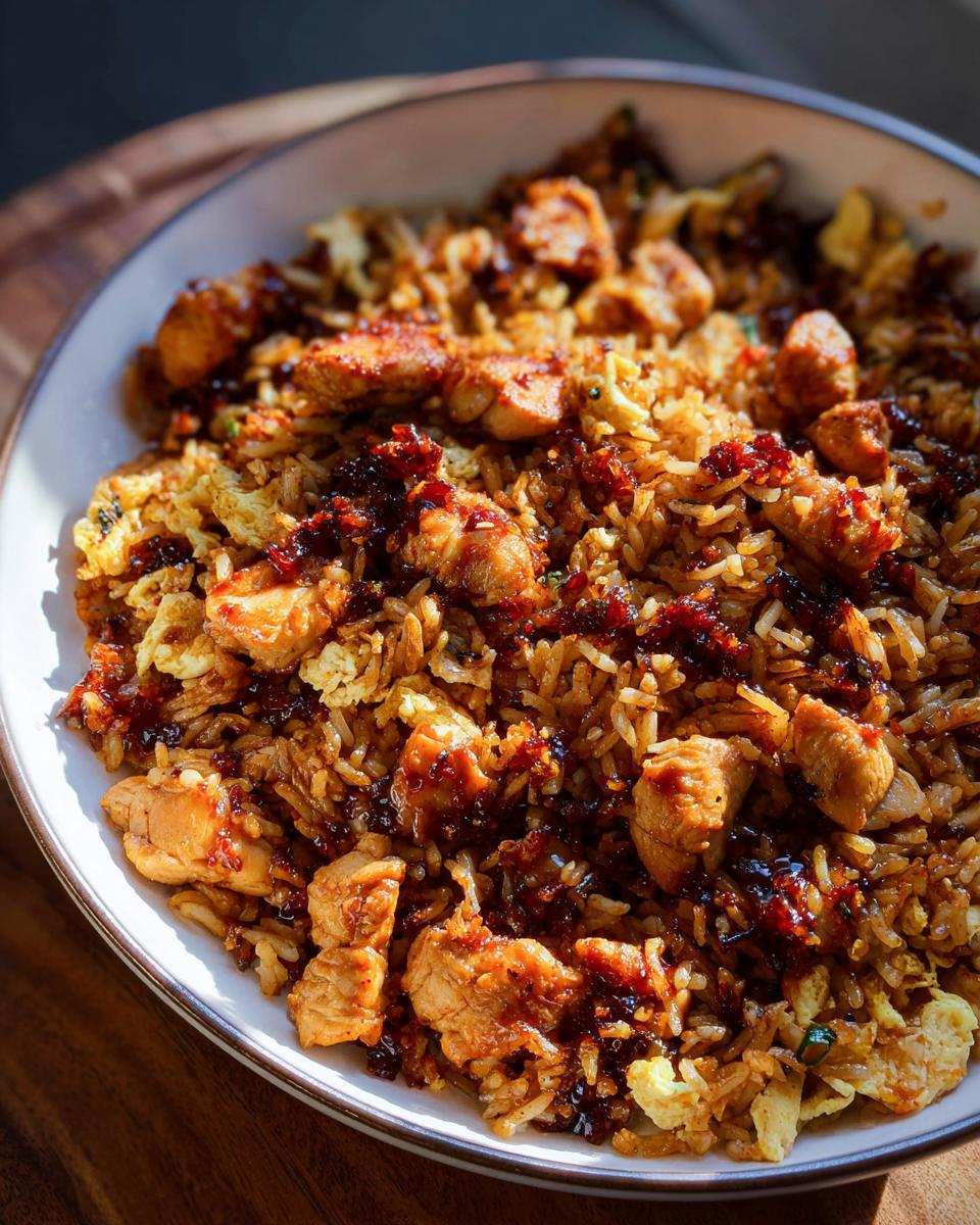 A close-up of a bowl filled with BBQ Chicken and Rice, featuring tender chicken pieces, fluffy rice, and scrambled egg.