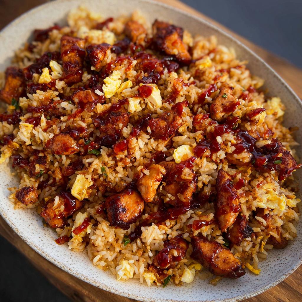 A close-up of a bowl filled with BBQ Chicken and Rice, featuring tender chicken pieces, scrambled eggs, and a drizzle of BBQ sauce.