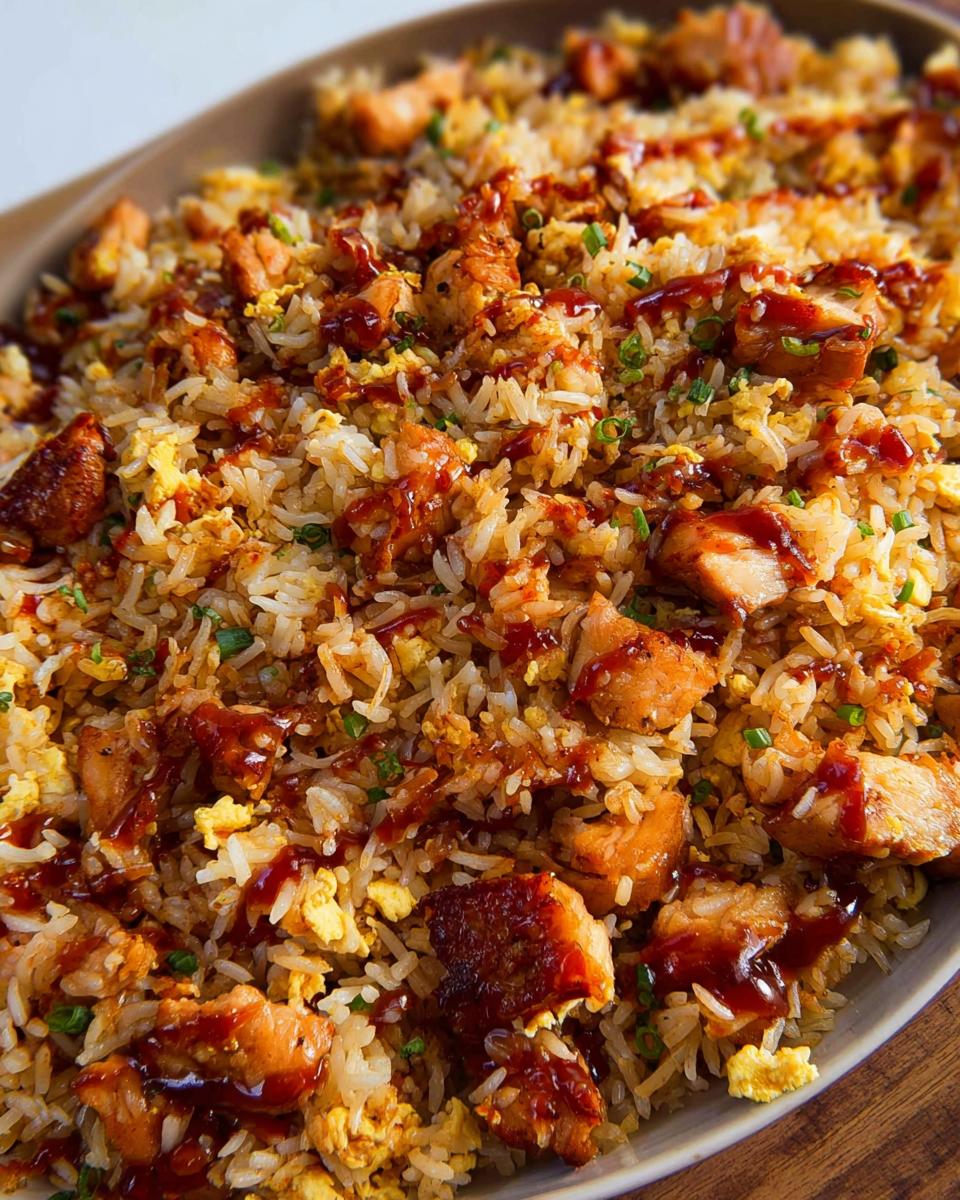 A close-up of a serving platter filled with BBQ Chicken and Rice, featuring tender chicken pieces and scrambled eggs.