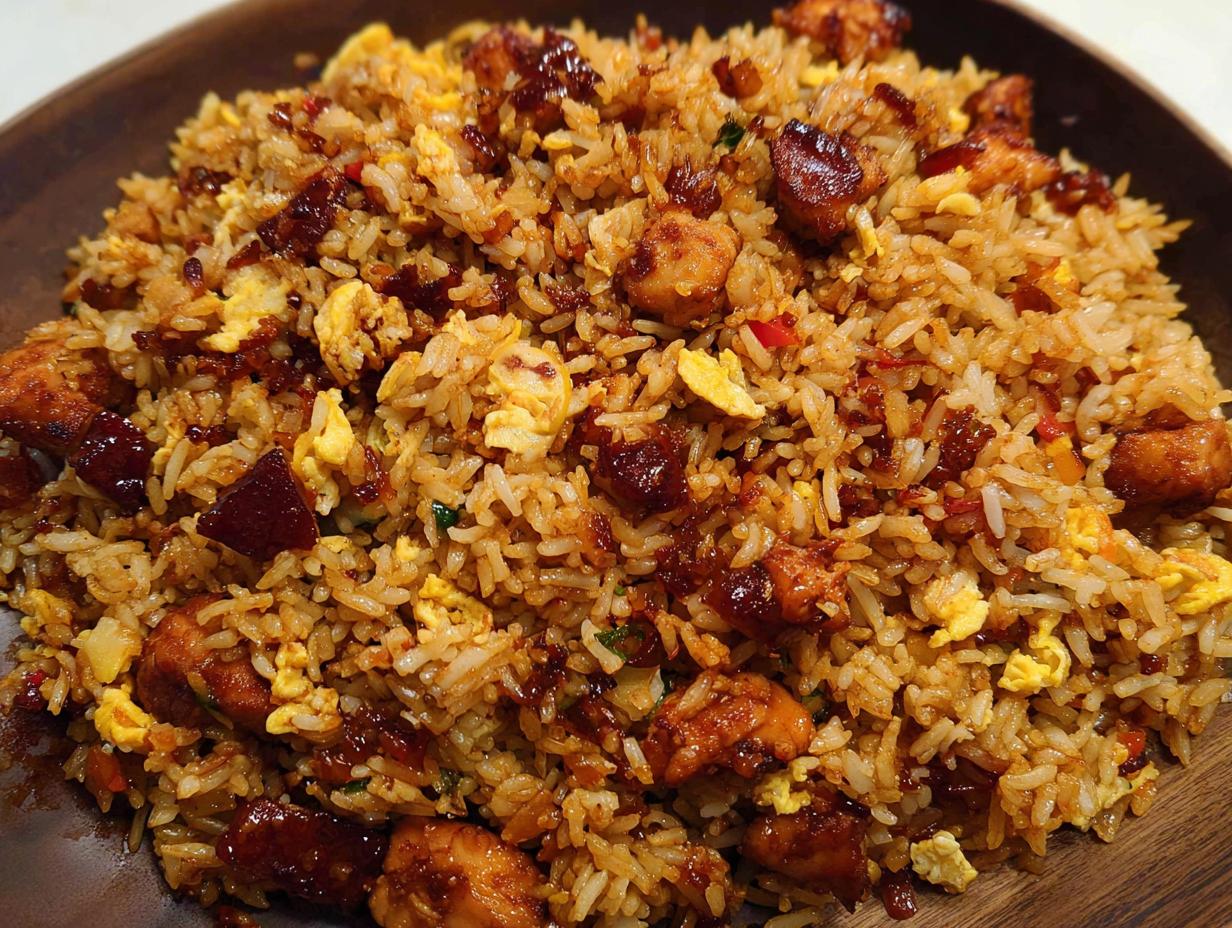A close-up of a flavorful BBQ Chicken and Rice dish, featuring tender chicken pieces mixed with fluffy rice and scrambled eggs.