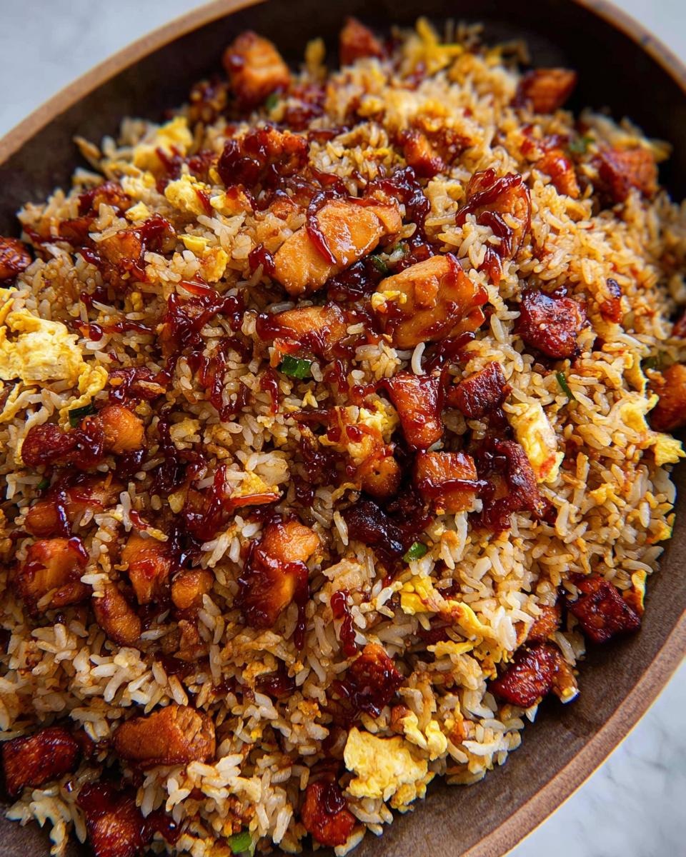 Close-up of a bowl of BBQ Chicken and Rice, featuring tender chicken pieces, scrambled eggs, and a glistening BBQ sauce drizzle.