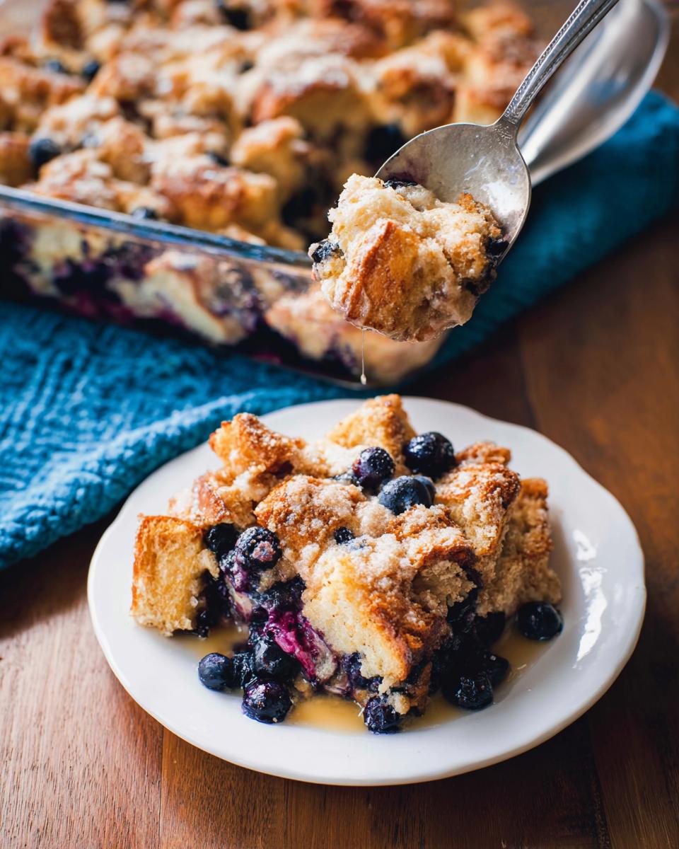 A serving of Best Blueberry French Toast Casserole on a white plate, with a spoonful being lifted from the baking dish.
