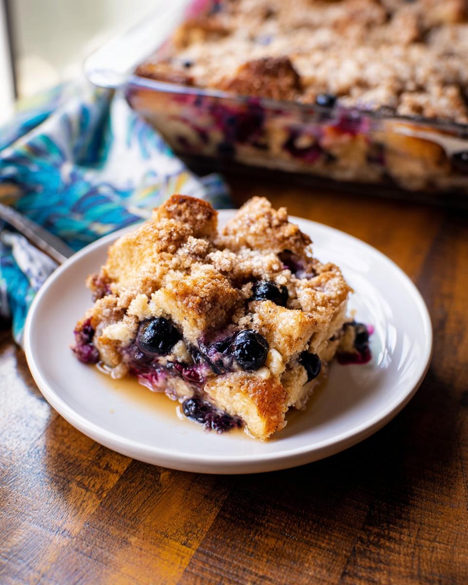 A delicious slice of Best Blueberry French Toast Casserole topped with streusel and fresh blueberries, served on a white plate.