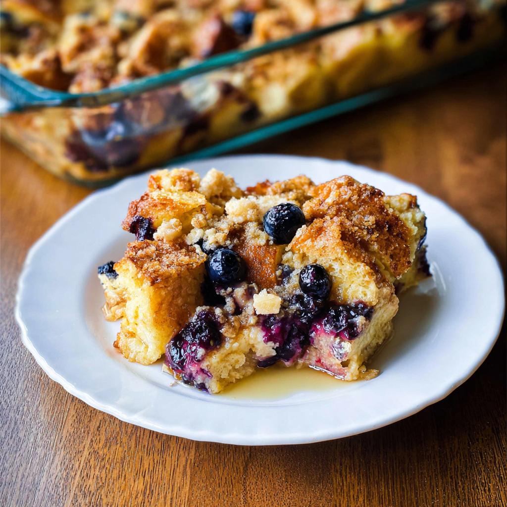 A delicious slice of Best Blueberry French Toast Casserole, topped with streusel and fresh blueberries, on a white plate.
