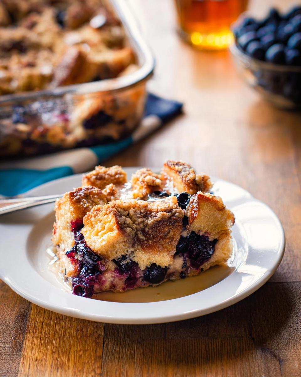 A delicious slice of Best Blueberry French Toast Casserole served on a white plate with syrup.