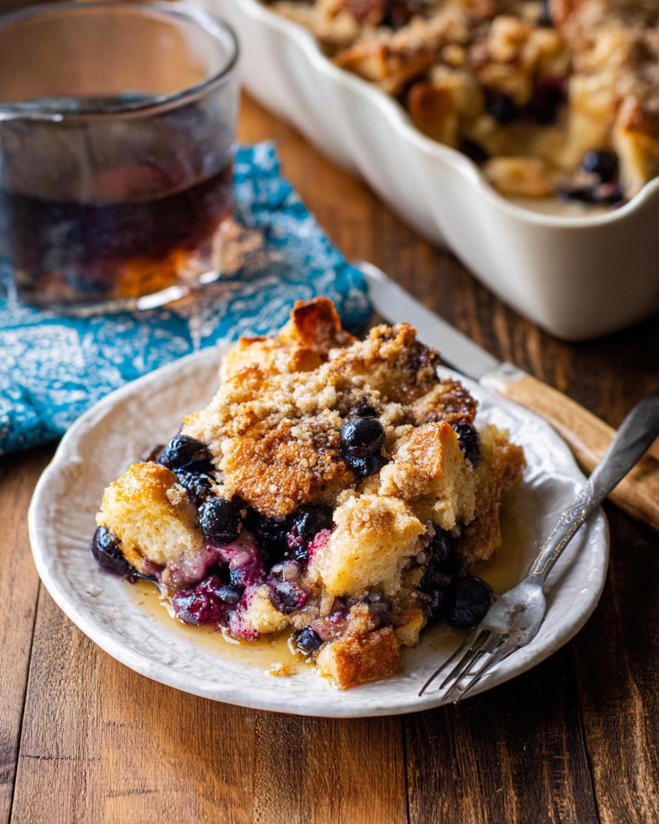 A delicious slice of Best Blueberry French Toast Casserole served on a plate with syrup and a fork.